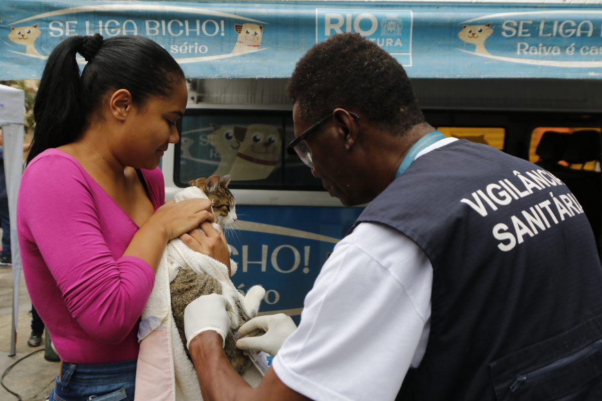 Prefeitura levou serviços como a vacinação de animais a Padre Miguel. Tainã aproveitou para imunizar o gato Beto. Foto: Marcelo Piu / Prefeitura do Rio