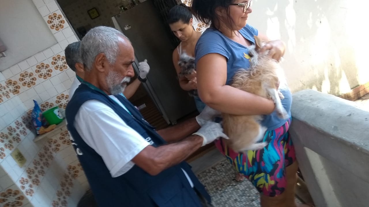 Técnico da Vigilância Sanitária e Controle de Zoonoses municipal aplica vacina contra raiva em cão na Ilha do Governador. Foto: divulgação