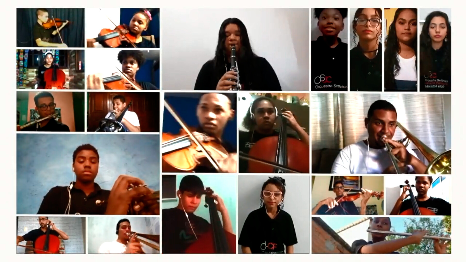 São 23 estudantes, cada um tocando de sua casa, na gravação de “Depende de nós”, de Ivan Lins. Foto: Divulgação / Prefeitura